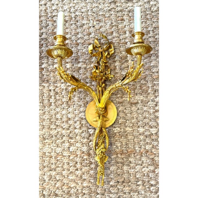 Gold Louis XVI Style Ormolu Two‑Light Sconces, Attributed to P.E. Guerin For Sale - Image 8 of 12