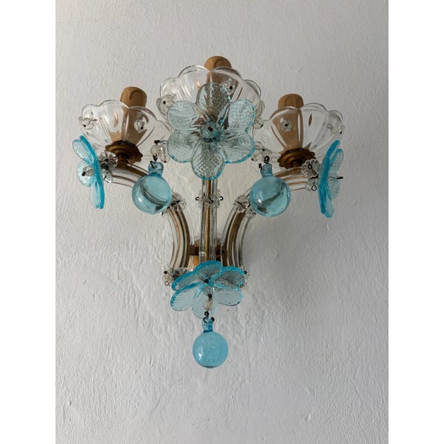 C 1930 Rare Pair Aqua Blue 3 Lights Murano Flowers Crystal Sconces One of Kind For Sale - Image 6 of 12