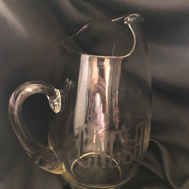 Transparent Vintage Large Engraved Glass Pitcher “England” For Sale - Image 8 of 12