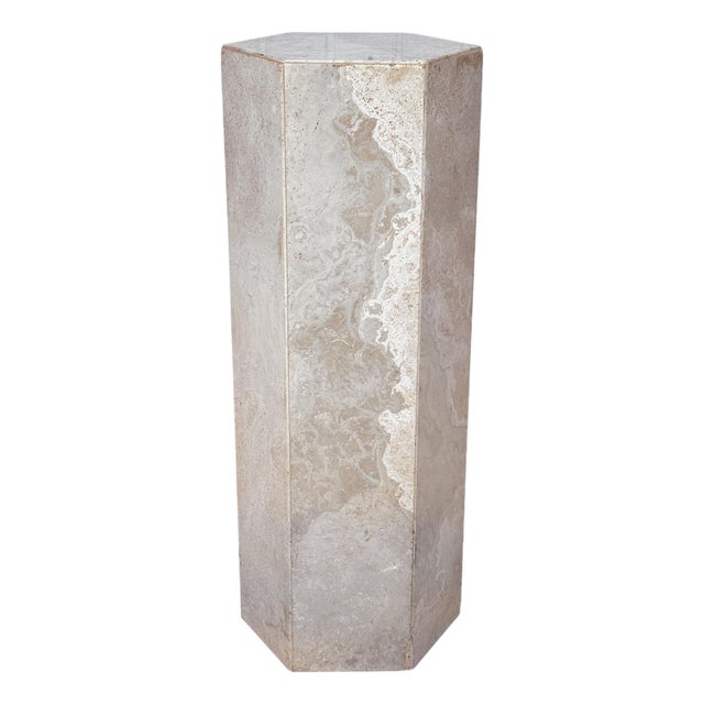 Vintage Postmodern Italian Travertine Marbled Plant Stand Pedestal For Sale