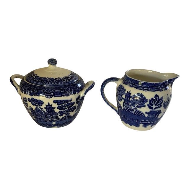 Antique Allertons LTD Blue Willow Creamer and Sugar W/Matching Lid Made in Staffordshire England C. 1929-1942 For Sale