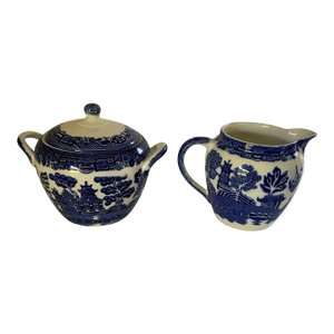 Antique Allertons LTD Blue Willow Creamer and Sugar W/Matching Lid Made in Staffordshire England C. 1929-1942