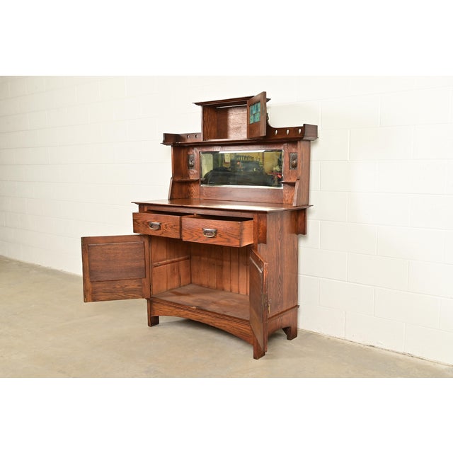 Liberty & Co. Antique English Arts & Crafts Oak Sideboard With Stained Glass Door, Circa 1900 For Sale In South Bend - Image 6 of 16