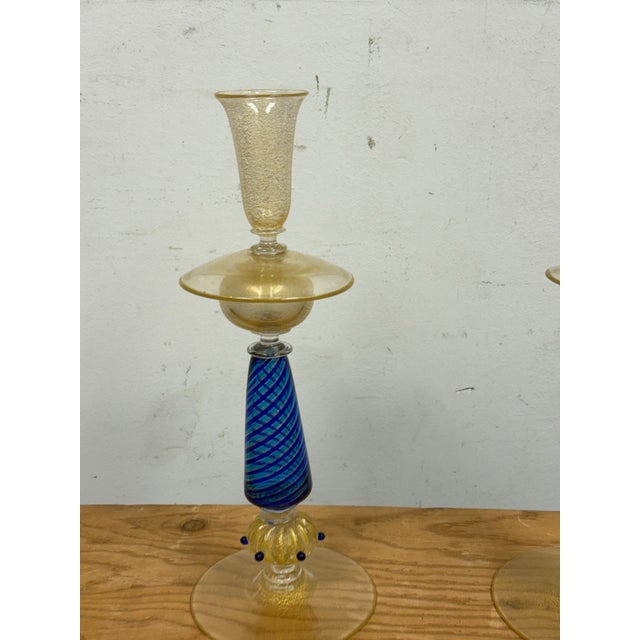 Blue La Fenice Murano Glass Filigrana Candle Holders, Pair For Sale - Image 8 of 13
