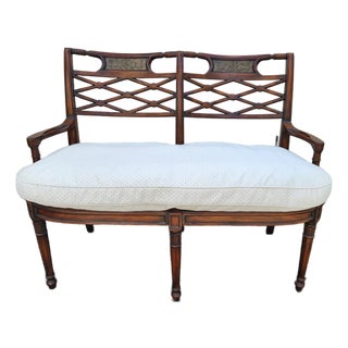 Vintage Regency Style Faux Bamboo Cane Settee With Reversible Down Cushion For Sale