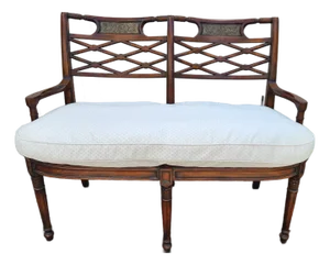 Vintage Regency Style Faux Bamboo Cane Settee With Reversible Down Cushion