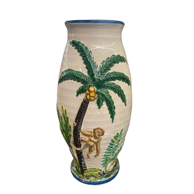 Whimsical Italian Relief Ceramic Monkey & Palm Tree Vase For Sale - Image 4 of 9