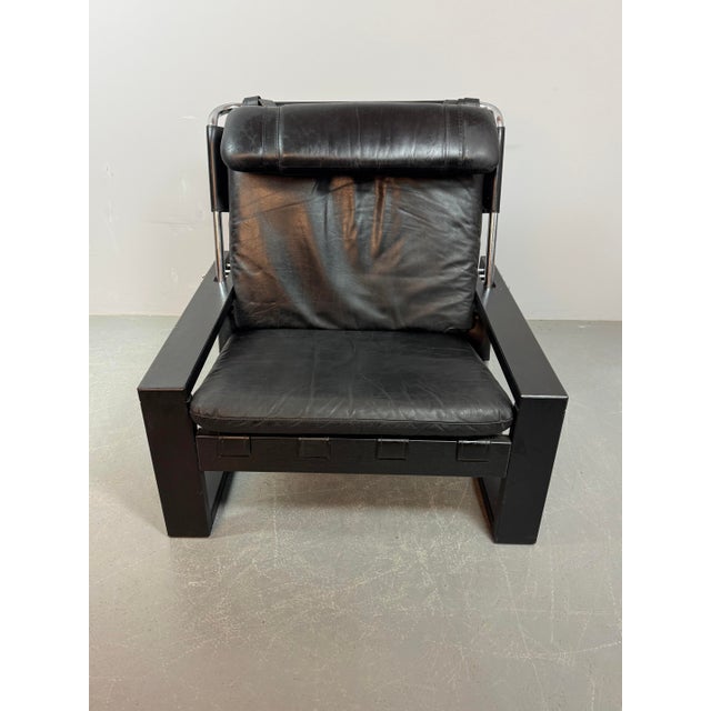 Rare Black Leather Brutalist Lounge Chair, Designed by Sonja Wasseur Atelier, The Netherlands, 1970s. Constructed with a...