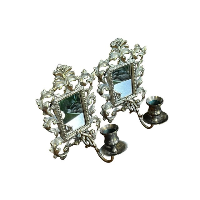 Brass VTG Brass Set Pair Heavy Ornate Victorian 7.5” Wall Candle Holder Sconce Mirrors For Sale - Image 8 of 16