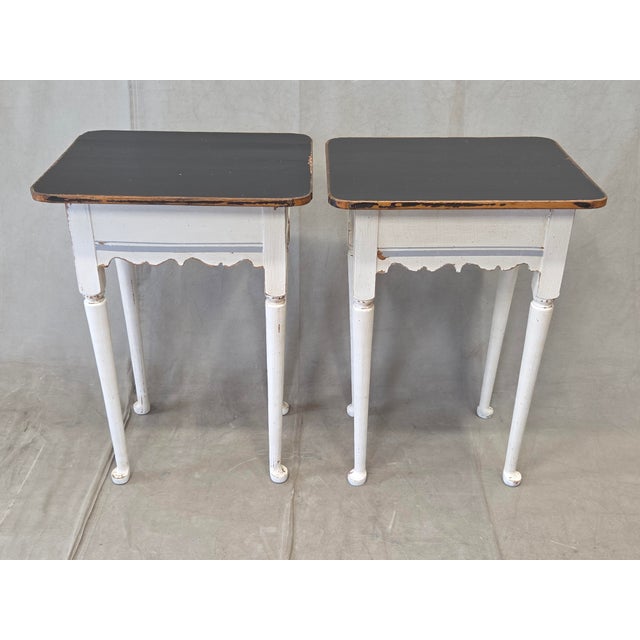 Antique Pine Nightstands Painted White With Gray Banding and Black Tops - A Pair For Sale - Image 13 of 17