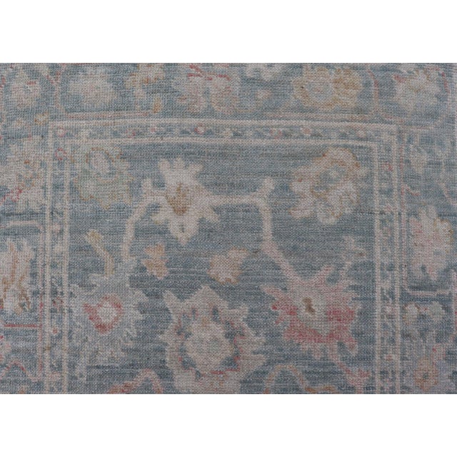 Floral Modern Oushak With Muted Blue Background in Wool 2'6 X 7'11 For Sale - Image 4 of 7