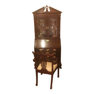 1980s Early American Fold-Down Secretary Desk With Leather-Inlay Writing Service, Lighted Display Case and Storage Drawers and Chair - Set of 2 For Sale