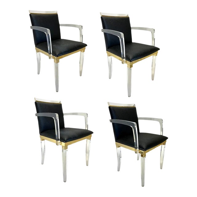 Set Four Vintage French Maison Romeo Brass, Lucite and Ostrich Leather Armchairs For Sale