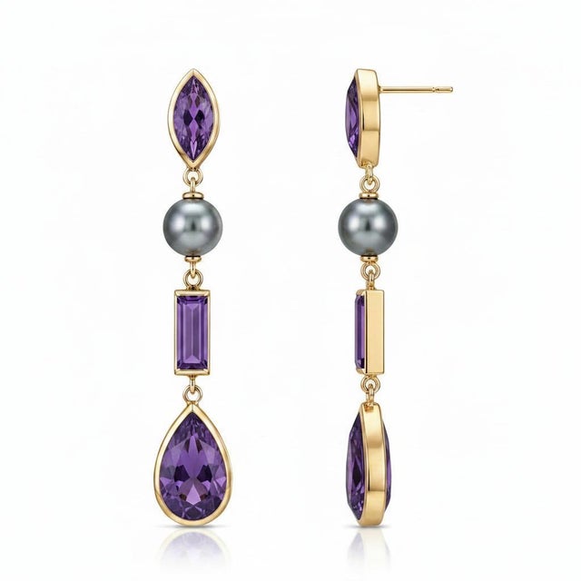 Modern Multi-Shape Amethyst Earrings studs. Contemporary Pearl & Amethyst Drop Earrings. Geometric Amethyst and Pearl...