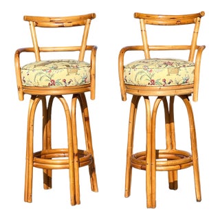 1960s Pair of Vintage Swivel Scorched Bamboo Barstools For Sale