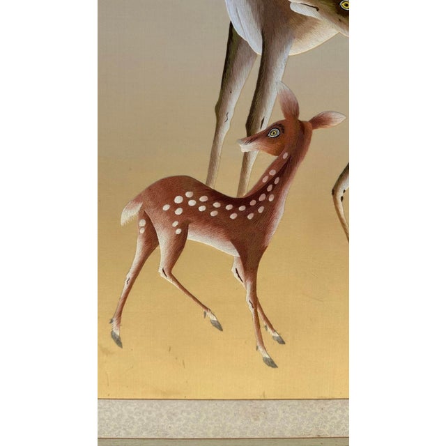 Antique Japanese Meiji Two-Panel Embroidered Silk Screen W/ Deer & Pine, C. 1880 For Sale - Image 12 of 18