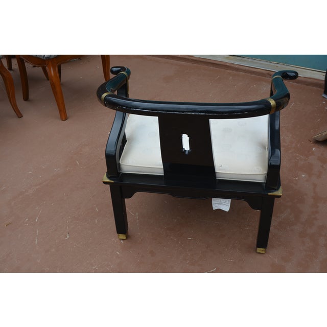 Century Furniture 1980s Century Chair Co. Ming Black Lacquer & Brass Horseshoe Back Chair W/ White Seat For Sale - Image 4 of 18