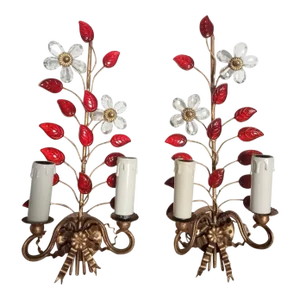 1960's MCM Red Crystal Petals W/ Gilt Floral Detail Wall Sconces Attrib. Maison Bagues Paris a - Par