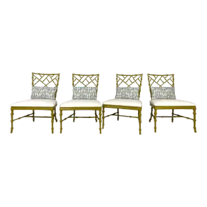 Late 20th Century Green Lacquer Bamboo Textured Lounge Chairs - Set of 4
