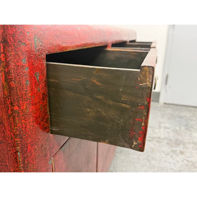 Asian Red Distressed Lacquered Sideboard, Vintage For Sale - Image 9 of 12