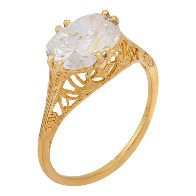 Vintage Gia 2.08 Carat Old Mine Cut Diamond East-West 14k Yellow Gold Ring, Size 6 For Sale