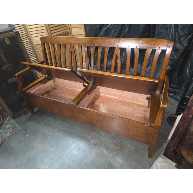 1990s Bernhardt Furniture "Bandini" Arts & Crafts Oak Storage Settle Bench For Sale - Image 11 of 11
