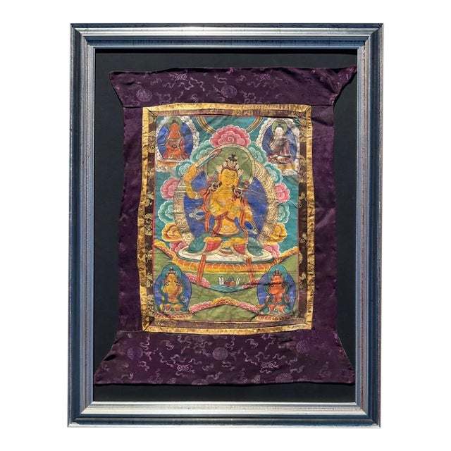 Antique 19th Century Tibetan Manjushri Thangka – Bodhisattva of Wisdom in Custom Silver Gilt Frame For Sale
