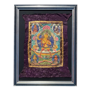 Antique 19th Century Tibetan Manjushri Thangka – Bodhisattva of Wisdom in Custom Silver Gilt Frame