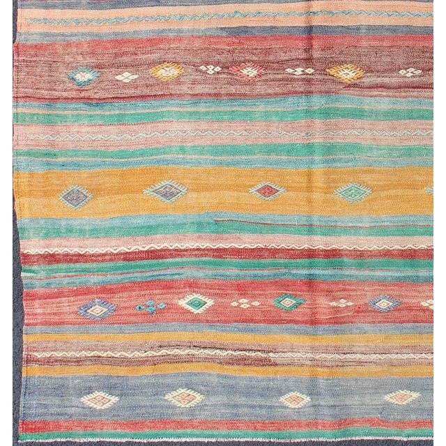 Mid 20th Century Mid 20th Century Bright and Colorful Flat-Weave Turkish Kilim Rug With Geometric Stripe Design For Sale - Image 5 of 12