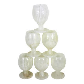 1970s Italian Onyx Marble Cups, Goblets or Chalices, White Stone, Small Wine Cordial - Set of 6 For Sale