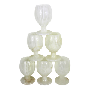 1970s Italian Onyx Marble Cups, Goblets or Chalices, White Stone, Small Wine Cordial - Set of 6