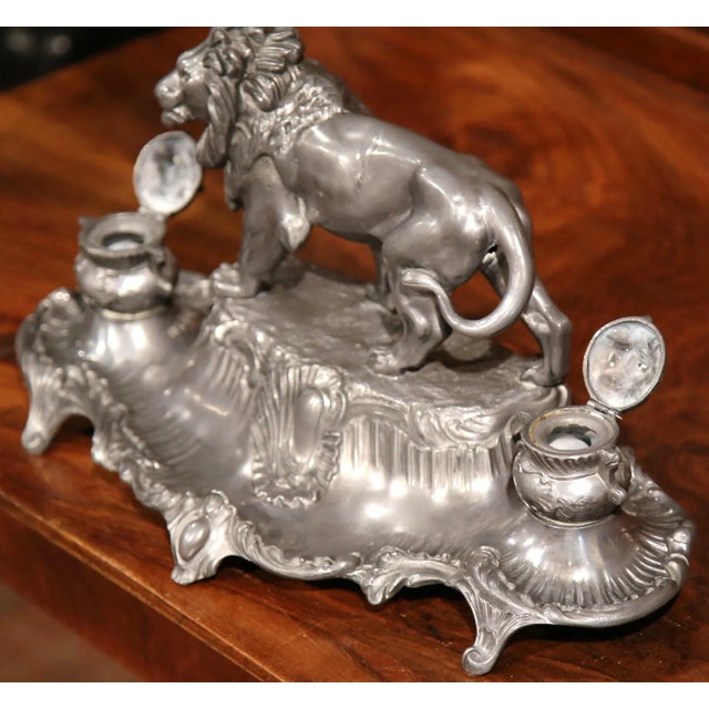 19th Century French Pewter Lion Inkwell Signed A. Bossu For Sale - Image 4 of 8