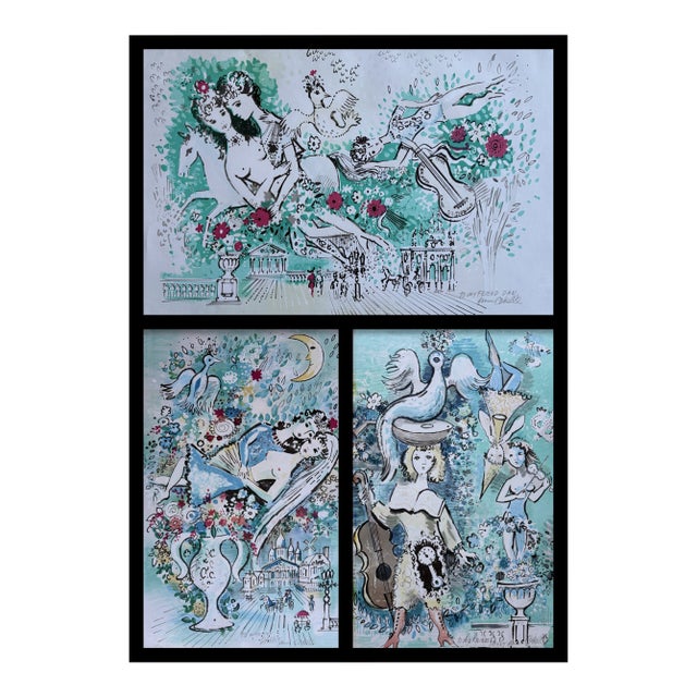 Charles Cobelle Original Mixed Media Painting Triptych - Set of 3 - MCM For Sale