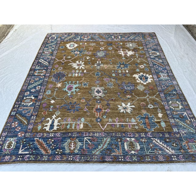 Textile Oushak Handmade Wool Rug in Olive Brown and Blue For Sale - Image 7 of 10