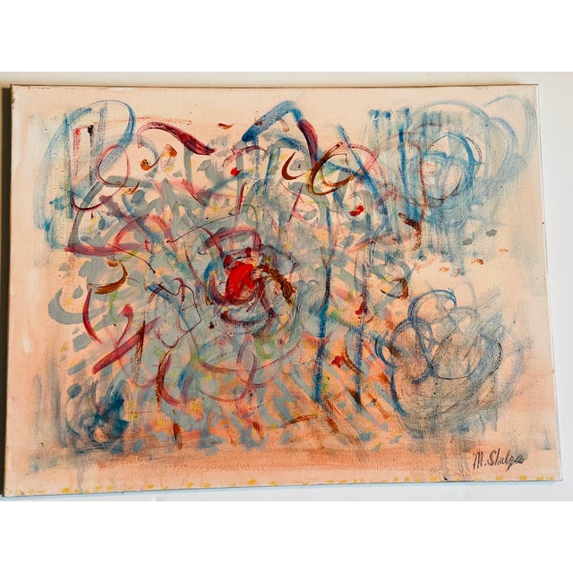 1970s Abstraction. Blue and Peach- Mixed Media Painting on Canvas Signed For Sale - Image 4 of 5