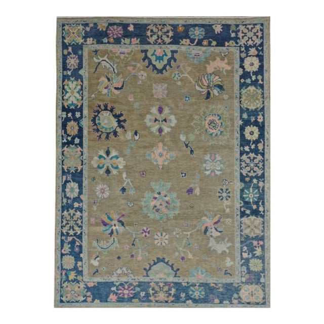 Contemporary Turkish Oushak Rug in Tan With Blue Border, 8'10" X 12' For Sale