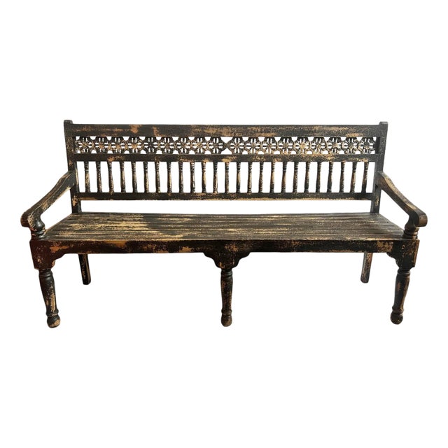 Vintage Colonial Black Crackle Bench For Sale