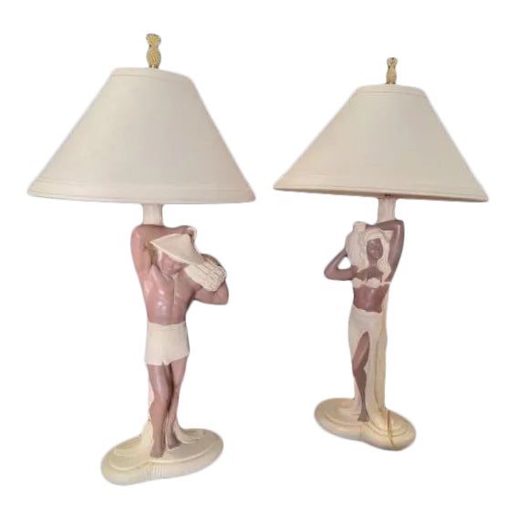 Pair 1952 Signed C. Romanelli/Stern Ind. Polynesian Male & Female Figural Lamps W/ Shades For Sale