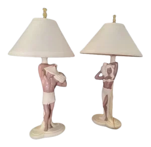 Pair 1952 Signed C. Romanelli/Stern Ind. Polynesian Male & Female Figural Lamps W/ Shades