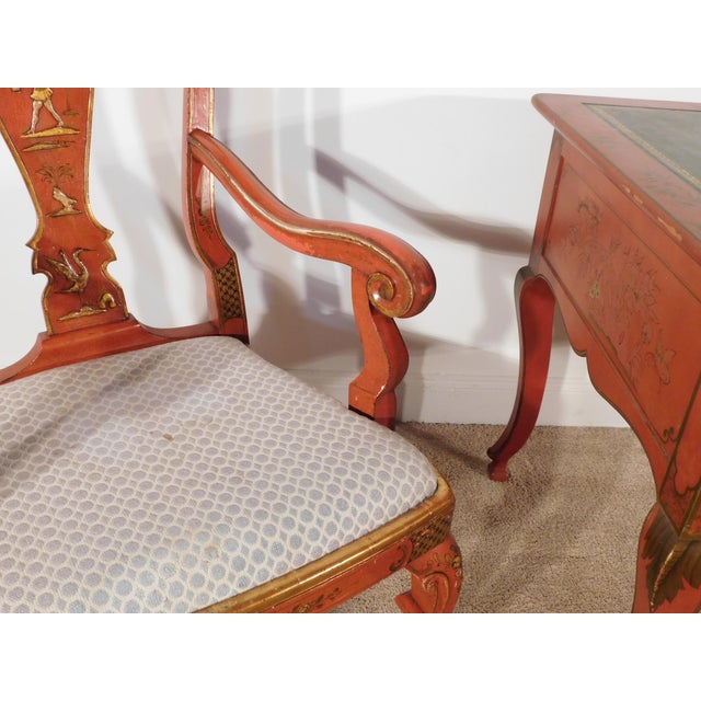 ANTIQUE Baker Furniture 1950s French Red Chinoiserie w/Green Leather Top Writing Desk &PR Matching Arm Chairs This AMAZING...