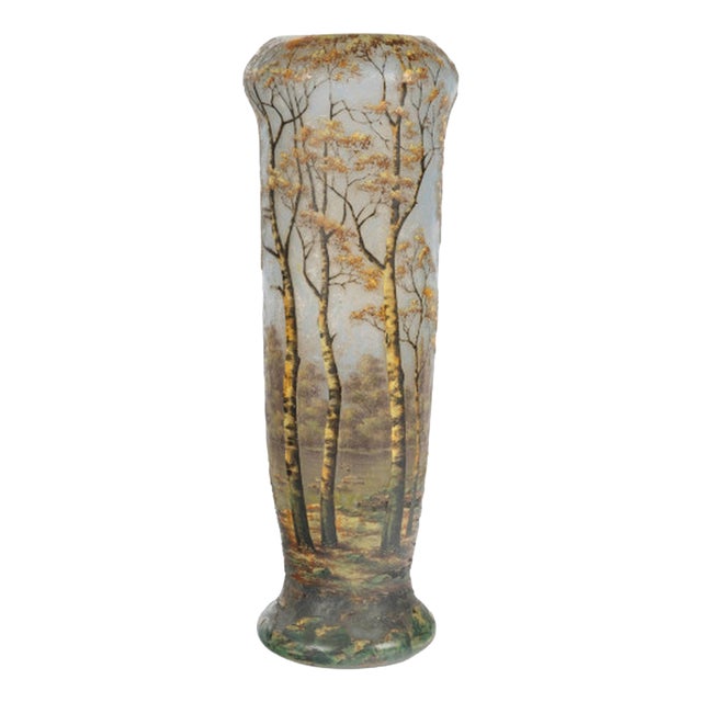Glass Vase with Wooded Lakeside Landscape from Daum Nancy, France, 1890s For Sale