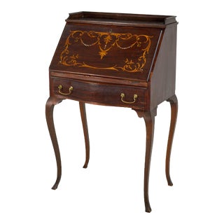 Antique Mahogany Slant Front Bone Inlay Secretary Desk For Sale