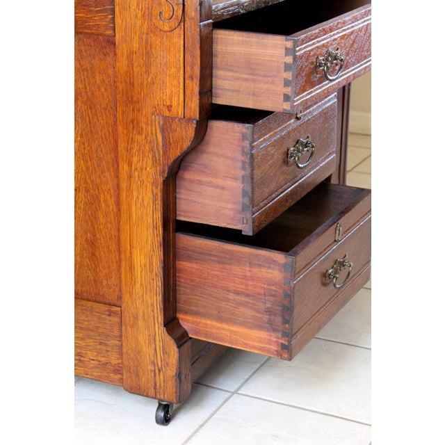 Antique Quarter-Sawn Tiger Oak Roll Top Secretary Desk With Carved Floral Cabinet & Original Key, C. 1900–1915 For Sale - Image 12 of 17
