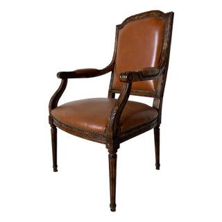 Vintage French Louis XVI Style Carved Wood & Brown Leather Armchair For Sale
