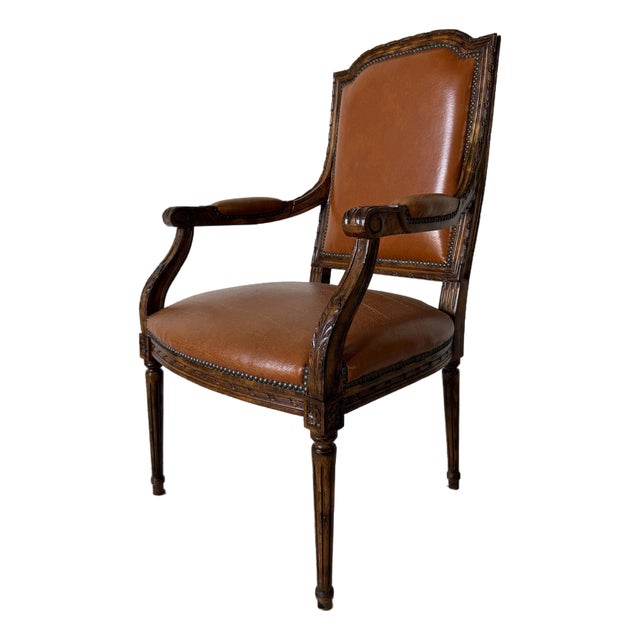 Vintage French Louis XVI Style Carved Wood & Brown Leather Armchair For Sale