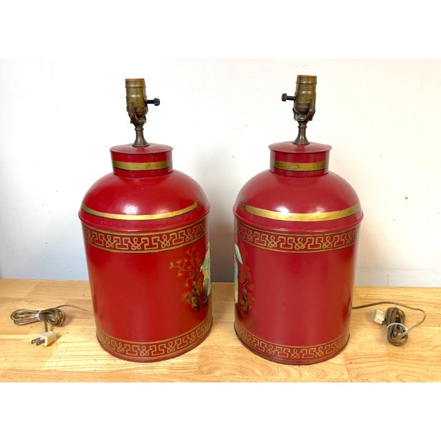Pair English Chinoiserie Red Tole & Gilt Painted Tea Caddy Lamps, 20th Century For Sale - Image 10 of 14