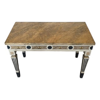 Neoclassical Gustavian Style Gilt Bronze Mounted Cream Painted Console Table With Marbelized Faux Marble For Sale
