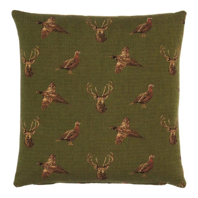 Highland Green Tapestry Cushion With Feather Filler - 46x46cm (18"x18") For Sale