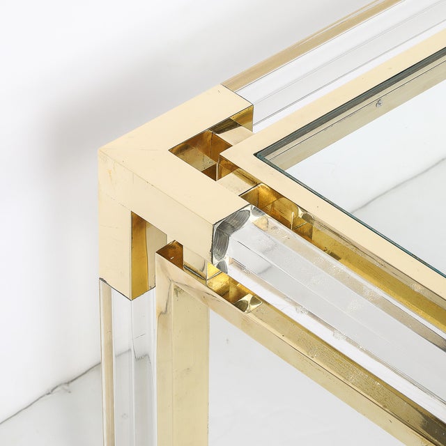 Mid-Century Rectilinear Brass & Lucite Glass Top Cocktail Table by Maison Jansen For Sale - Image 9 of 13