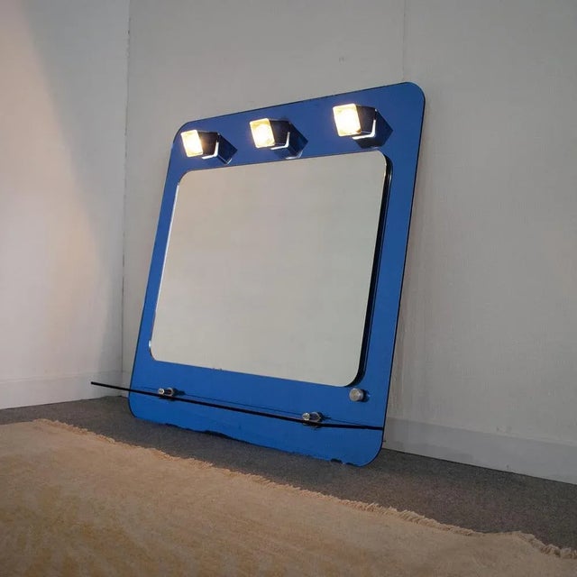 Italian 3-Light Dressing Room Mirror with Blue Glass Shelf by Metalvetro, 1970s For Sale - Image 6 of 12